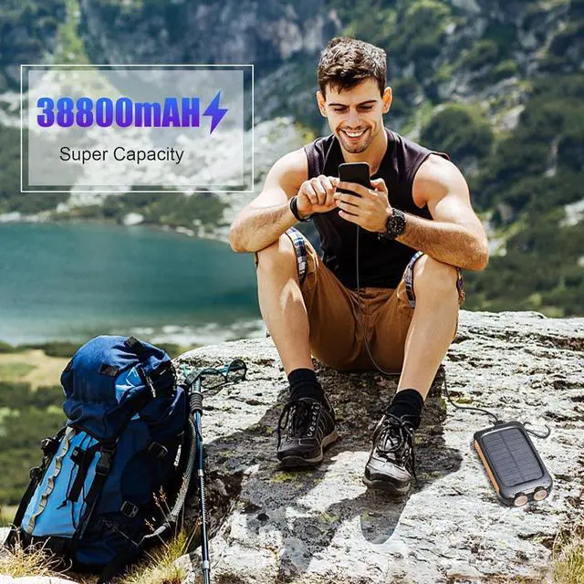 Alt view image 6 of 6 - Solar Charger Power Bank 38800mAh Portable Phone Charger with 1 Type-C & 2 USB-A Ports Built-in Dual LED Flashlight 15W Fast Charging Waterproof Solar Panel Charger
