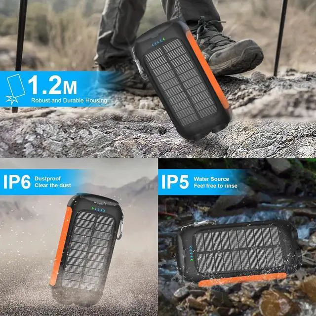 Alt view image 4 of 6 - Solar Charger Power Bank 38800mAh Portable Phone Charger with 1 Type-C & 2 USB-A Ports Built-in Dual LED Flashlight 15W Fast Charging Waterproof Solar Panel Charger