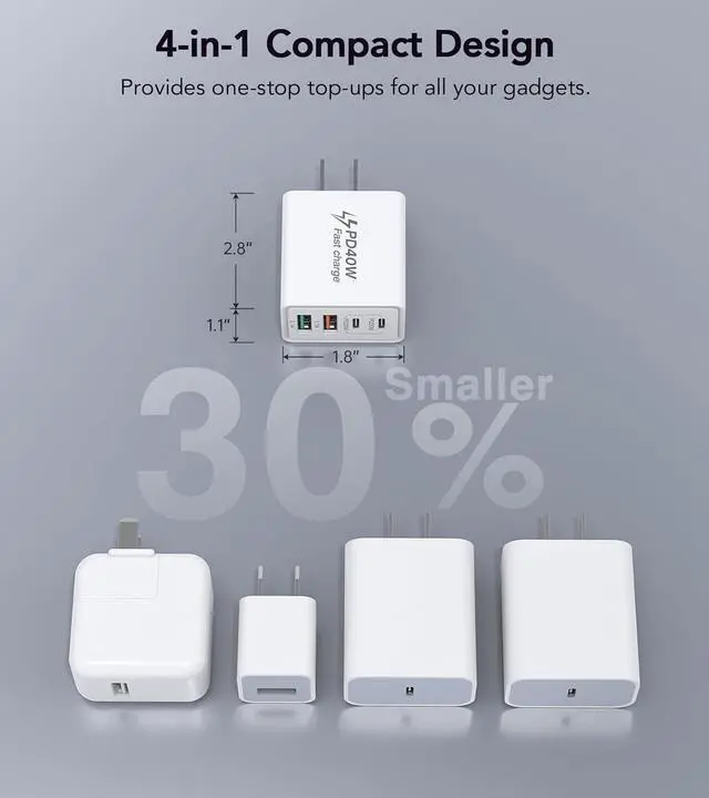 Alt view image 5 of 7 - [3 Pack] USB C Charger Block, 40W 4-Port PD+QC Power Adapter USB C Wall Charger Plug Multiport Type C Fast Charging Block Cube Brick for iPhone 15 14 13 12 11 Pro Max XS XR 8 7, iPad Pro Mini, Samsung