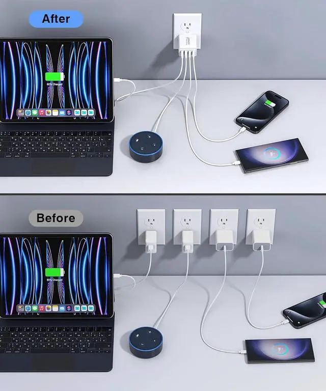 Alt view image 6 of 7 - [3 Pack] USB C Charger Block, 40W 4-Port PD+QC Power Adapter USB C Wall Charger Plug Multiport Type C Fast Charging Block Cube Brick for iPhone 15 14 13 12 11 Pro Max XS XR 8 7, iPad Pro Mini, Samsung