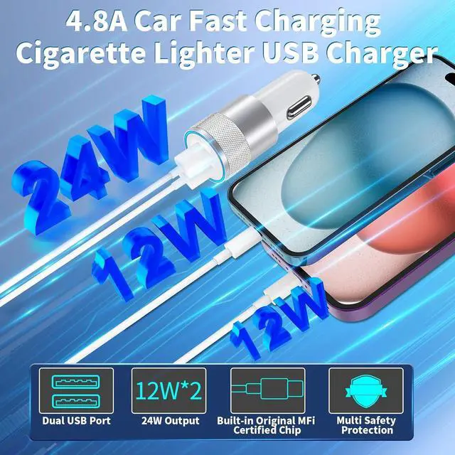 Alt view image 5 of 7 - [ MFi Certified] iPhone 16 Fast Car Charger 4.8A Dual USB Car Charger Adapter USB-C Fast Charging Cigarette Lighter with 2Pack Type-C Cable for iPhone 16/16 Pro Max/15/15 Pro/iPad Pro