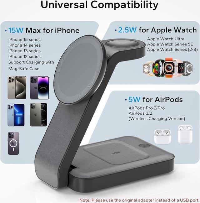Alt view image 5 of 7 - 3 in 1 Foldable Wireless Charging Station for MagSafe, Travel Magnetic Charger Stand for iPhone 15 14 13 12 Pro Max, Fast Nightstand Charging Dock with Night Light for Apple Watch/