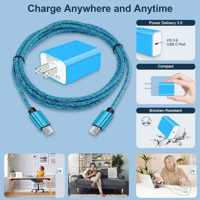 Alt view image 7 of 7 - 20W USB C Fast Wall Charger with 6ft Type C to C Fast Charging Cable for Samsung Galaxy S25/S25+/S25 Ultra/S24 FE/S23 Ultra/S23+/S21 FE/S21 Ultra/S20/A16/A25/A35/A15/A54/A14/A53 5G/A13/A03S/A23/A12