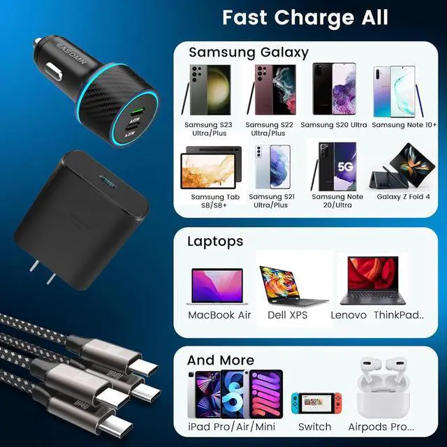 Alt view image 5 of 7 - 45W USB-C Charger 2-Pack 45 Watt  Super Fast Charger Type C PPS Wall/Car Charger for  Galaxy S24 Ultra/S24+/S23 Ultra/S23+/S23/S22 Ultra/Note 10+ Galaxy Tab S9 with 2X 6.6ft Cable