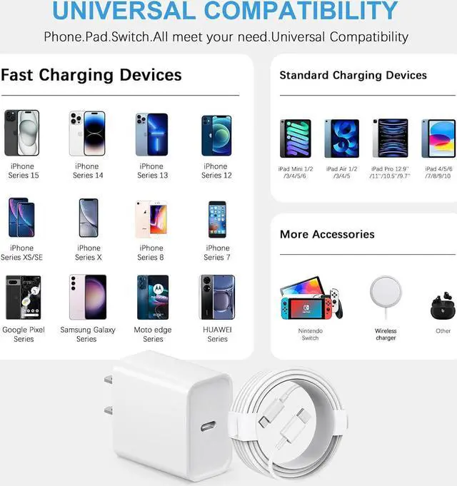 Alt view image 4 of 7 - iPhone 15 Charger Fast Charging iPhone 15 Pro Max Charger Type C Charger Block iPad Pro Charger with 2 Pack 6FT Cable for iPhone 15/15 Plus/15 Pro/15 Pro Max/iPad Pro/Mini/Air/Air4//Samsung