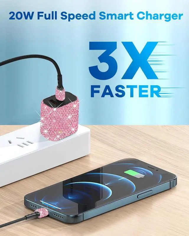 Alt view image 3 of 6 - Bling Phone Charger,20W USB C Charger Block,Type C Charger Fast Charging | Pink Rhinestone Decor Cute Charging Blocks,Bling Gifts for Women, 3.2FT Type-C Charging Cable,for iPhone 17/16/15/14/13 iPad