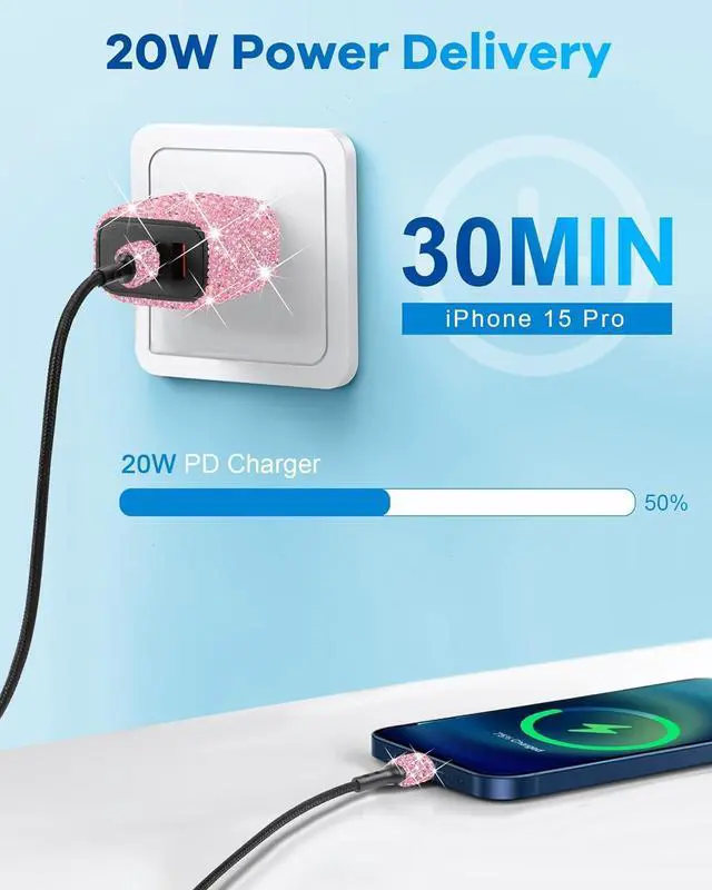 Alt view image 4 of 6 - Bling Phone Charger,20W USB C Charger Block,Type C Charger Fast Charging | Pink Rhinestone Decor Cute Charging Blocks,Bling Gifts for Women, 3.2FT Type-C Charging Cable,for iPhone 17/16/15/14/13 iPad