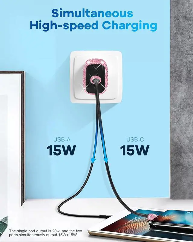 Alt view image 5 of 6 - Bling Phone Charger,20W USB C Charger Block,Type C Charger Fast Charging | Pink Rhinestone Decor Cute Charging Blocks,Bling Gifts for Women, 3.2FT Type-C Charging Cable,for iPhone 17/16/15/14/13 iPad