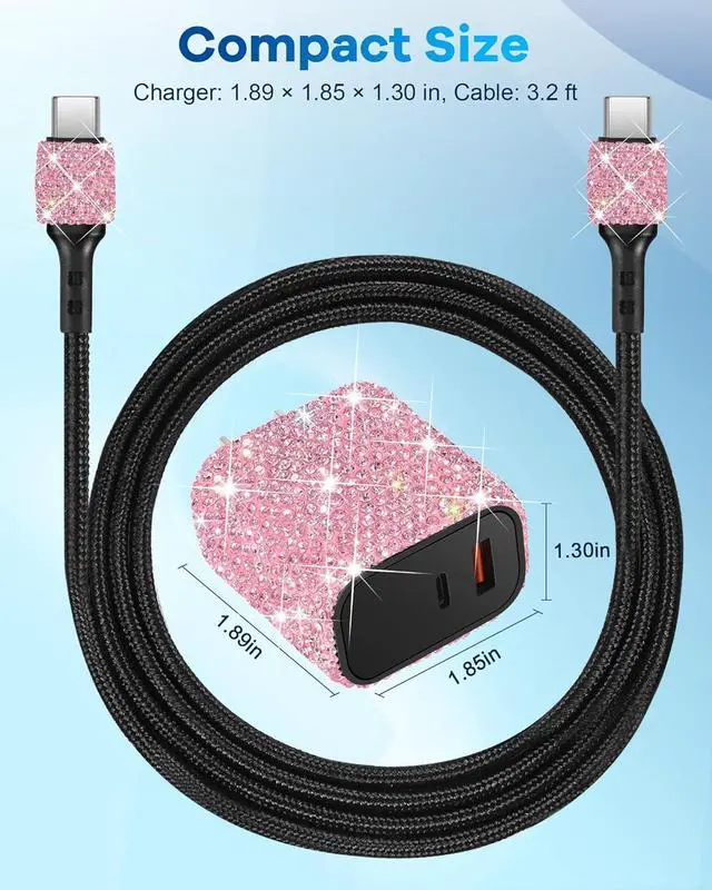 Alt view image 6 of 6 - Bling Phone Charger,20W USB C Charger Block,Type C Charger Fast Charging | Pink Rhinestone Decor Cute Charging Blocks,Bling Gifts for Women, 3.2FT Type-C Charging Cable,for iPhone 17/16/15/14/13 iPad