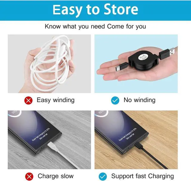 Alt view image 3 of 7 - Retractable USB C Cable for Car,3.3ft 3 Pack Android Phone USB C to USB A Cord Fast Charging for Samsung Galaxy S24/S24 Ultra/S23/S25/S25+,Retractable Type C Cable for iPhone 16e,Google Pixel 9a/9/8/7