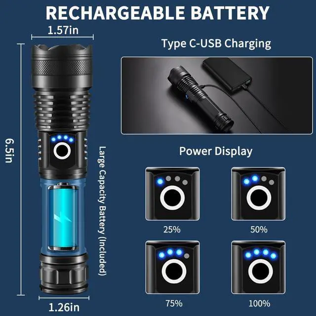 Alt view image 4 of 7 - Flashlights High Lumens Rechargeable, 2Pack Rechargeable Flashlights, 990000lm Super Bright Flashlight, 5Mode Tactical Flashlights High Lumens, LED Flashlight High Powered, Waterproof Flash Light LED
