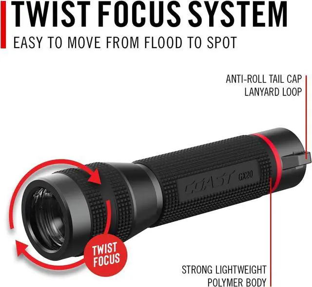 Alt view image 6 of 7 - GX20 1200 Lumen Waterproof Alkaline-Dual Power LED Flashlight with Twist Focus Anti-Roll Cap and Textured Handle - Compatible with 4 x AAA Batteries (Included) or ZX750 Rechargeable Battery