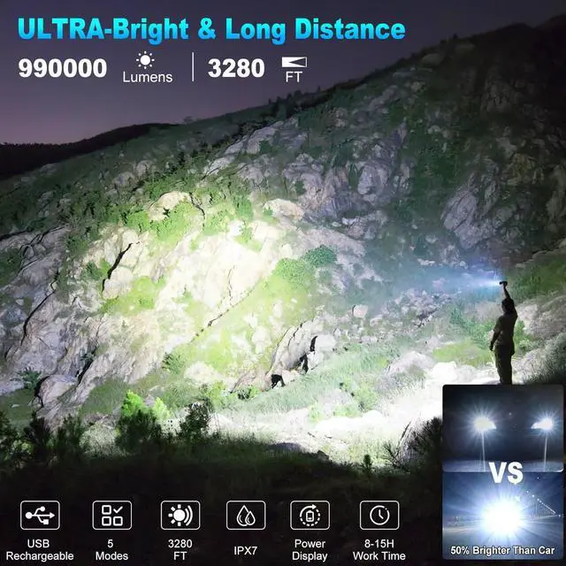 Alt view image 2 of 7 - BERCOL Flashlights High Lumens Rechargeable, 990,000 Lumens Super Bright Led Flashlight with 5 Modes, IPX6 Waterproof Powerful Flash Light Multifunctional Flashlights for Home Emergecies Camping