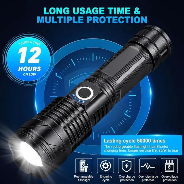 Alt view image 7 of 7 - BERCOL Flashlights High Lumens Rechargeable, 990,000 Lumens Super Bright Led Flashlight with 5 Modes, IPX6 Waterproof Powerful Flash Light Multifunctional Flashlights for Home Emergecies Camping