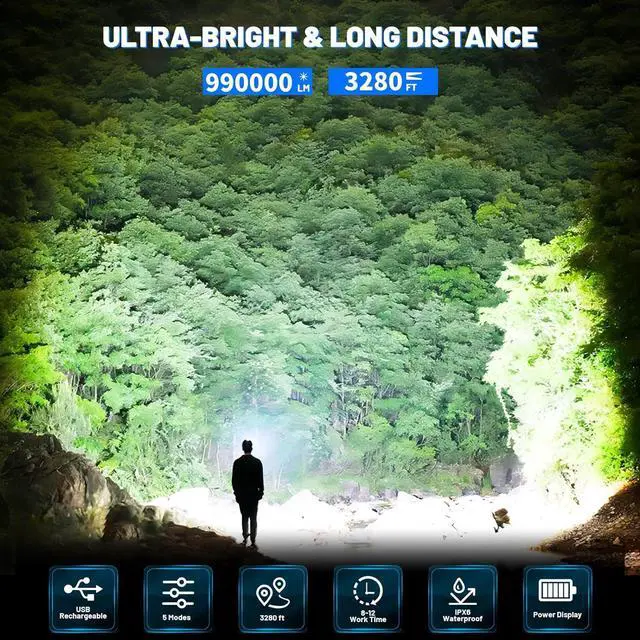 Alt view image 3 of 7 - Flashlights High Lumens Rechargeable 90 000 Lumens Super Bright Led Flashlight Flash Light with 5 Modes IPX6 Waterproof Handheld Powerful Flashlight for Camping Emergencies