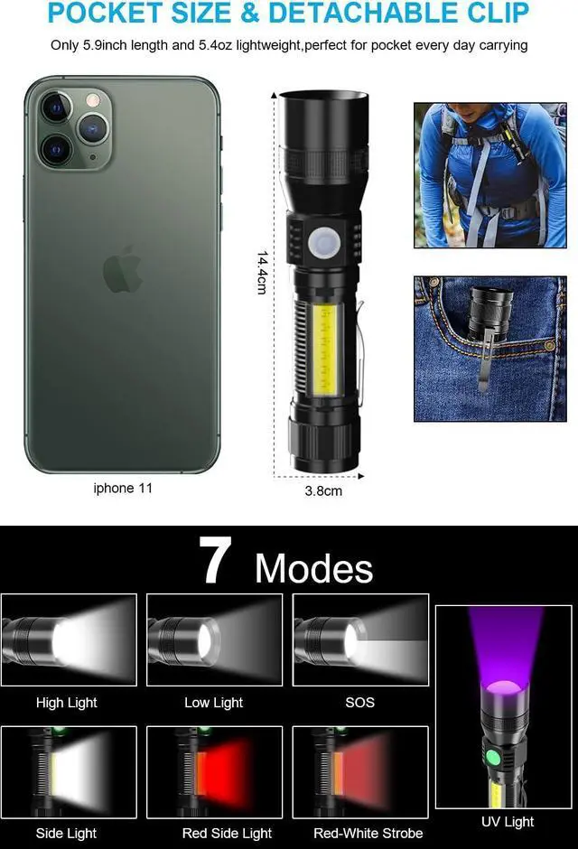 Alt view image 3 of 7 - UV Flashlight Rechargeable, Black Light Flashlight with Magnet&Side Work Light 3in1 Tactical Flashlight Blacklight&Redlight, 1000lm, Zoomable, Waterproof LED Torch for Pet Urine Detector, Mechanics