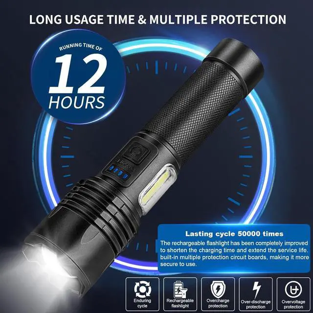 Alt view image 7 of 7 - Flashlights High Lumens Rechargeable 990 000 Lumens Super Bright Led Flashlight 7 Modes Brightest Powerful Flash Light With COB Light IPX6 Waterproof Handheld Flashlights for Camping Home