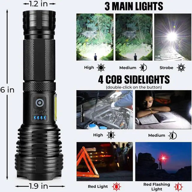 Alt view image 6 of 7 - Flashlights LED High Lumens Rechargeable High Lumen Super Bright Flashlight USB Fast Charging High Powered Flash Light Powerful IPX7 Waterproof Handheld Flashlights for Home Camping(2 Pack)