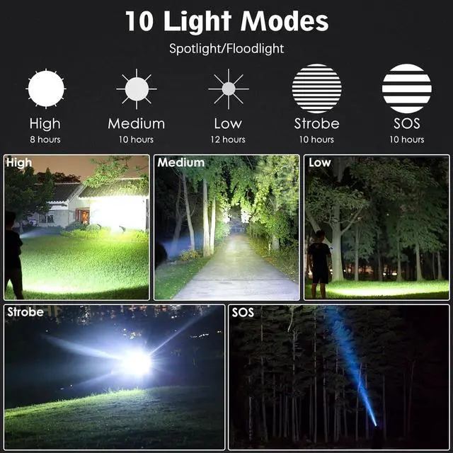 Alt view image 4 of 7 - Rechargeable Flashlights 990000 High Lumens, Super Bright Flashlight with 10 Modes, LED Tactical Flashlight Waterproof, Powerful for Camping, Hiking, Hunting and Emergencies
