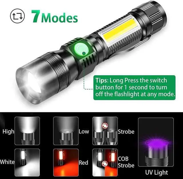 Alt view image 4 of 7 - UV Flashlight Black Light, 3-in-1 Magnetic Flashlight Rechargeable, 1000 Lumen Tactical LED Flashlight, 7 Modes Waterproof UV Light Flashlight for Camping Emergencies Pet Urine Detection