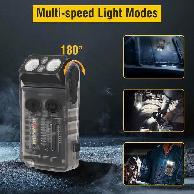 Alt view image 3 of 7 - BORUIT V20 Small Powerful Flashlight Super Bright with Red Blue Warm Light, 180° Head Swivels 110dB Buzzer - Mini Keychain Pocket Rechargeable LED Flashlights USB EDC Clip Flash Light