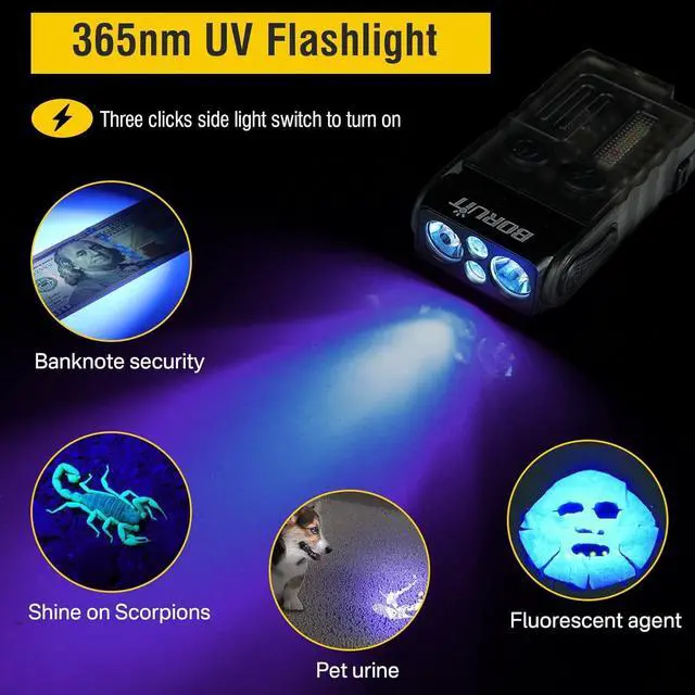 Alt view image 4 of 7 - Boruit V20 Small Powerful Flashlight Super Bright with 365nm UV, Red Blue Green Warm Light, 180° Swivels, 110dB Buzzer, Mini Keychain Pocket Rechargeable LED Flashlights Usb EDC Clip Flash Light Black