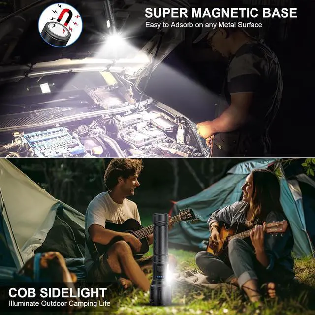 Alt view image 3 of 7 - Flashlights High Lumens Rechargeable - 100,000 Lumens Super Bright LED Magnetic Tactical Flashlight with Sidelight 8 Modes Waterproof Powerful Handheld Flash Light for Emergency Camping Home Car