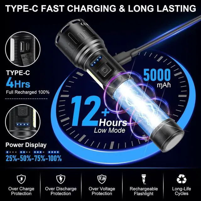 Alt view image 5 of 7 - Flashlights High Lumens Rechargeable - 100,000 Lumens Super Bright LED Magnetic Tactical Flashlight with Sidelight 8 Modes Waterproof Powerful Handheld Flash Light for Emergency Camping Home Car