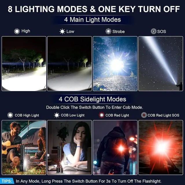 Alt view image 7 of 7 - Flashlights High Lumens Rechargeable - 100,000 Lumens Super Bright LED Magnetic Tactical Flashlight with Sidelight 8 Modes Waterproof Powerful Handheld Flash Light for Emergency Camping Home Car