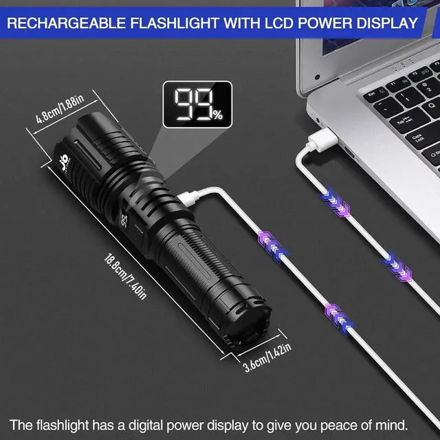 Alt view image 4 of 7 - Rechargeable Flashlights 1000000 Lumen LED Flashlight with Digital Power Display and Zoomable Flashlights High Lumen Super Bright Long Distance for Camping bushcraft Outdoor