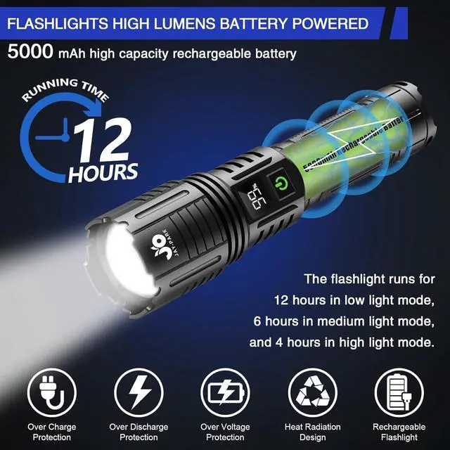 Alt view image 6 of 7 - Rechargeable Flashlights 1000000 Lumen LED Flashlight with Digital Power Display and Zoomable Flashlights High Lumen Super Bright Long Distance for Camping bushcraft Outdoor