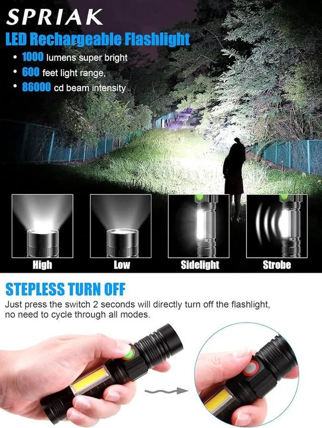 Alt view image 4 of 6 - Rechargeable LED Flashlights, Magnetic Flashlight Super Bright Tactical Flashlight with SideLight,USB Rechargeable,Zoomable,Waterproof Best Small Flashlight for Camping, Emergency