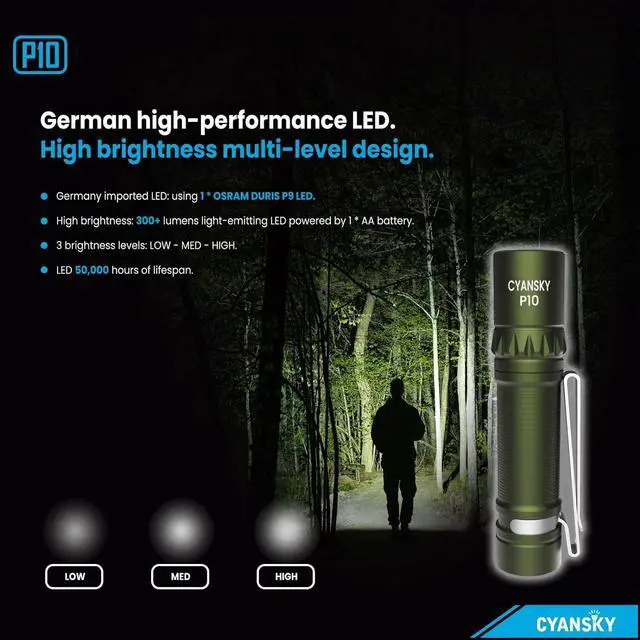 Alt view image 3 of 7 - P10 300 Lumens EDC Flashlight,Mini Pocket Flashlight for Camping and Hiking,Tail Switch Small Portable Flashlight,Powered by Single AA Battery,Green