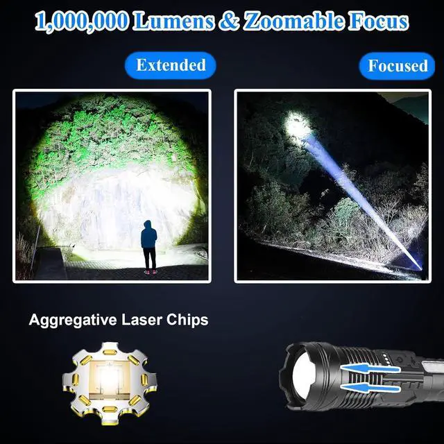 Alt view image 2 of 7 - Flashlights High Lumens Rechargeable, 1,000,000 Lumen Super Bright Led Tactical Flashlight Battery Powered Handheld Flash Light with 7 Light Modes, USB C, Waterproof, Zoomable Focus