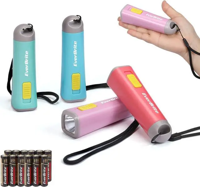 Main image of EverBrite 4-Pack Mini LED Plastic Flashlights, Assorted Colors Portable Torch Lights with Lanyard, Small Flashlight for Emergencies and Camping, 3 AAA Batteries Included