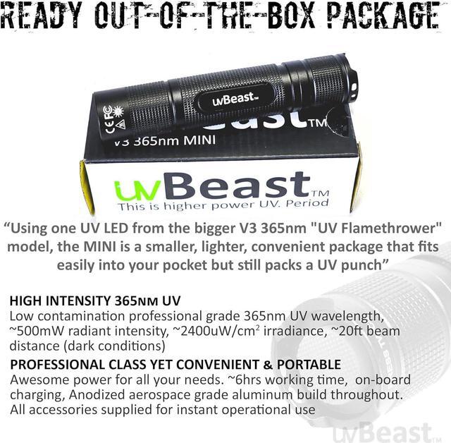 Alt view image 6 of 7 - New V3 365nm MINI - Black Light UV Flashlight  High Definition Pure Ultraviolet - Professional Grade High Power Upgraded 5 Core UV LED  USA Stock