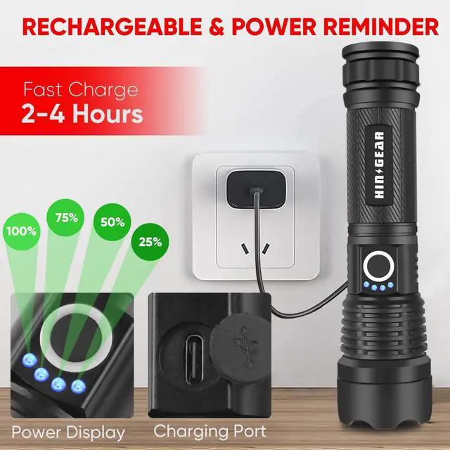 Alt view image 4 of 6 - Rechargeable Flashlights High Lumens, High Power LED Flashlight XHP70.2 Powerful Tactical Flashlight with Zoomable Focus, 5 Modes Water Resistant Flash Light for Home and Outdoor