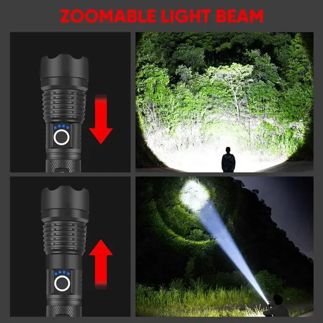 Alt view image 6 of 6 - Rechargeable Flashlights High Lumens, High Power LED Flashlight XHP70.2 Powerful Tactical Flashlight with Zoomable Focus, 5 Modes Water Resistant Flash Light for Home and Outdoor