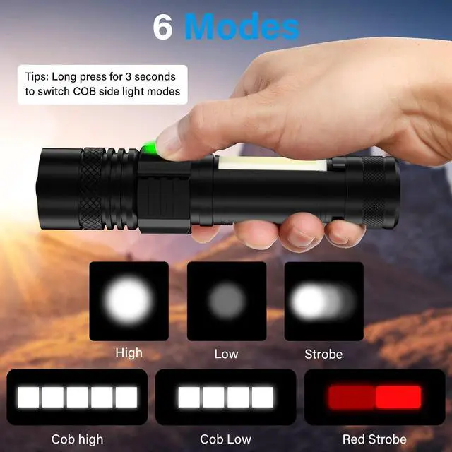 Alt view image 3 of 7 - USB Rechargeable Flashlight, LED Magnetic Flashlights Super Bright Tactical Flashlights with Cob Sidelight Waterproof Zoomable 6 Modes USB Rechargeable for Camping Emergency
