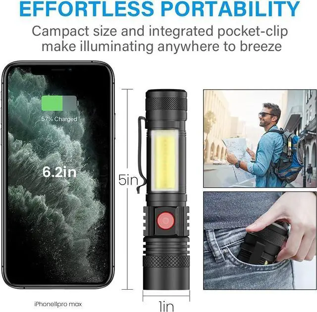 Alt view image 7 of 7 - USB Rechargeable Flashlight, LED Magnetic Flashlights Super Bright Tactical Flashlights with Cob Sidelight Waterproof Zoomable 6 Modes USB Rechargeable for Camping Emergency