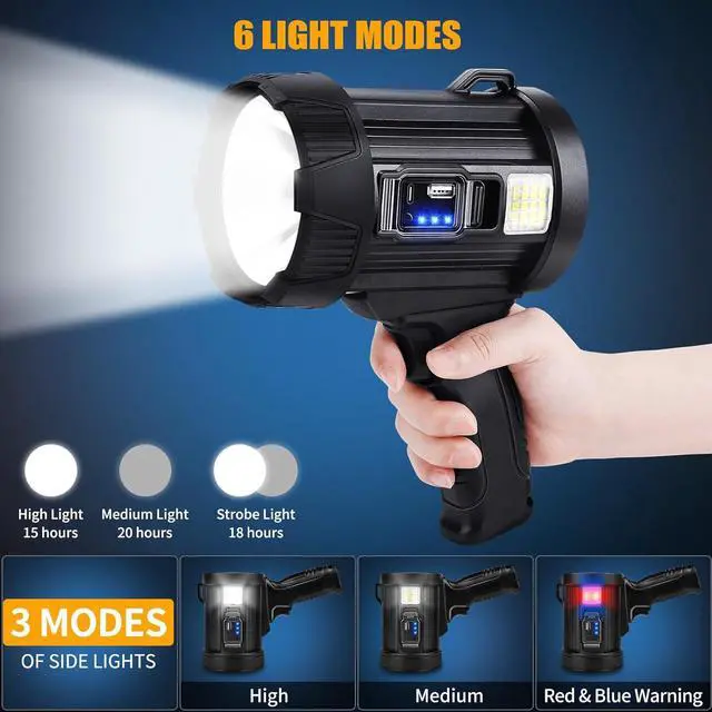 Alt view image 5 of 7 - Rechargeable Spotlight, 1000000 Lumens Bright LED Spotlight Flashlight, Long Running Spot Light Searchlight, Outdoor Handheld Spotlights with Solar Panels for Hunting,Camping,Boat,6 Spotlight Modes