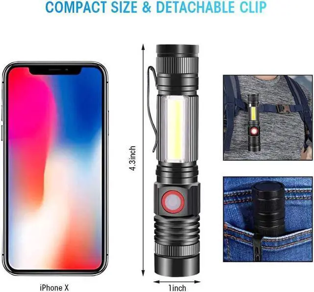 Alt view image 5 of 5 - Rechargeable Tactical Flashlight, Magnetic LED Flashlight with COB Work Light, Super Bright 2000 Lumens Flash Light 4 Modes Waterproof Zoomable Flashlight for Camping Emergency