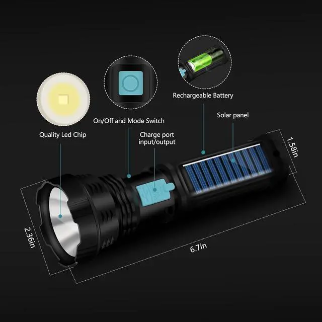 Alt view image 3 of 7 - Led Solar Flashlight, 1500 Lumens Led Solar Powered Handheld Rechargeable Flashlights with IP65 Waterproof, 2000mAh Battery for Survival Emergencies Camping (2 Packs)