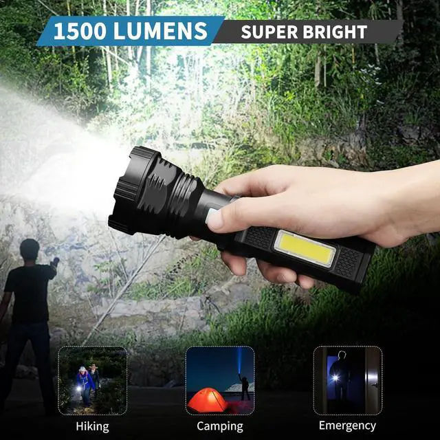 Alt view image 2 of 7 - Led Solar Flashlight, 1500 Lumens Led Solar Powered Handheld Rechargeable Flashlights with IP65 Waterproof, 2000mAh Battery for Survival Emergencies Camping (2 Packs)