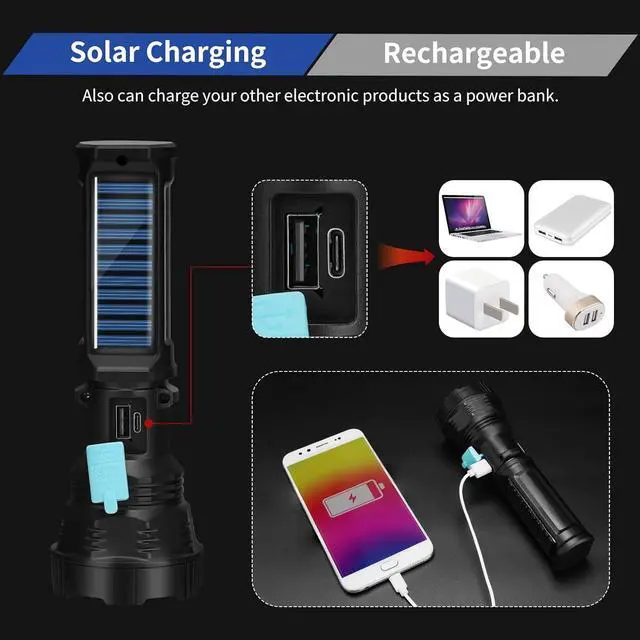 Alt view image 6 of 7 - Led Solar Flashlight, 1500 Lumens Led Solar Powered Handheld Rechargeable Flashlights with IP65 Waterproof, 2000mAh Battery for Survival Emergencies Camping (2 Packs)