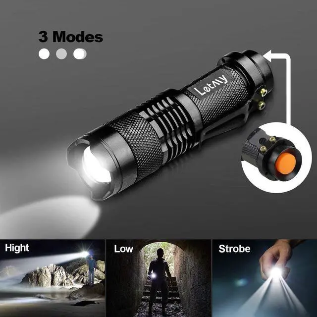 Alt view image 3 of 7 - Tactical Flashlight Super Bright LED Mini Flashlights with Belt Clip Zoomable 3 Modes Waterproof - Best EDC Flashlight for Gift Hiking Camping Hurricane & Power Outage (4 Pack)