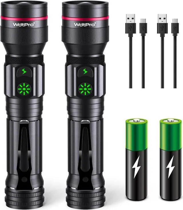 Main image of WdtPro Rechargeable Flashlights (Battery Included), LED Tactical Flashlight with Clip, Portable Dual-Switch, 2000 High Lumen Super Bright Flashlight for Gift, Camping, Emergency