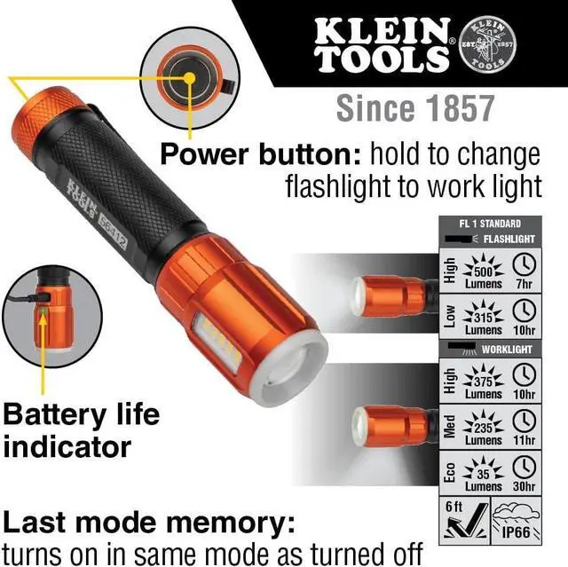 Alt view image 3 of 7 - Klein Tools 56412 Rechargeable LED Flashlight with Flood Light, 500 lumens, USB-C Rechargeable, Pocket Clip, Magnet, for Professional Work