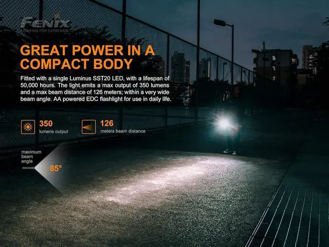 Alt view image 3 of 7 - Fenix E20 V2 350 Lumen LED Tactical Flashlight with Two EdisonBright AA Alkaline Batteries