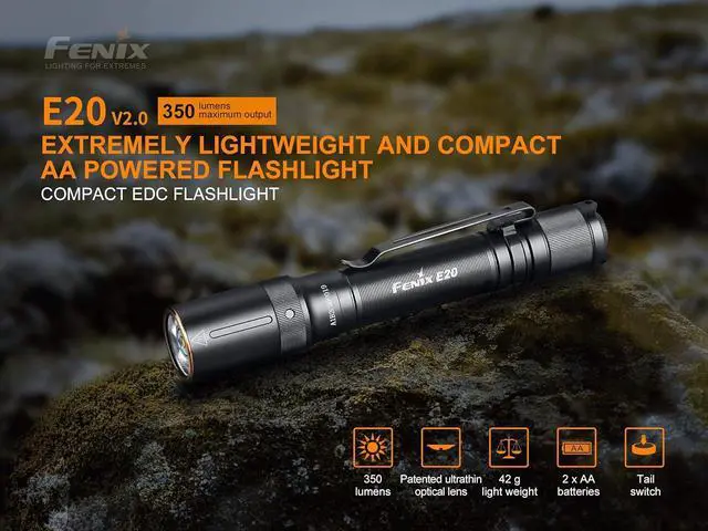 Alt view image 2 of 7 - Fenix E20 V2 350 Lumen LED Tactical Flashlight with Two EdisonBright AA Alkaline Batteries